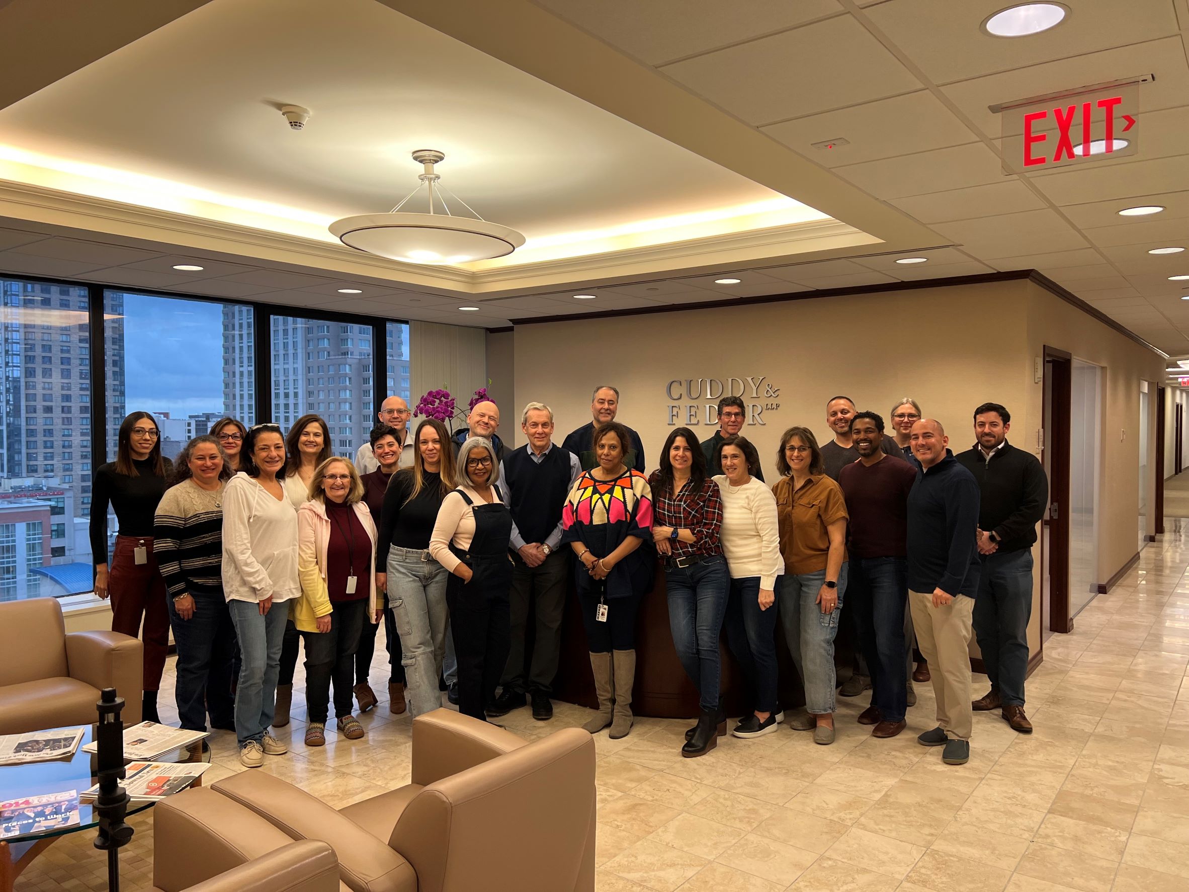 Group shot of employees at Cuddy & Feder for Wear Jeans Day fundraiser